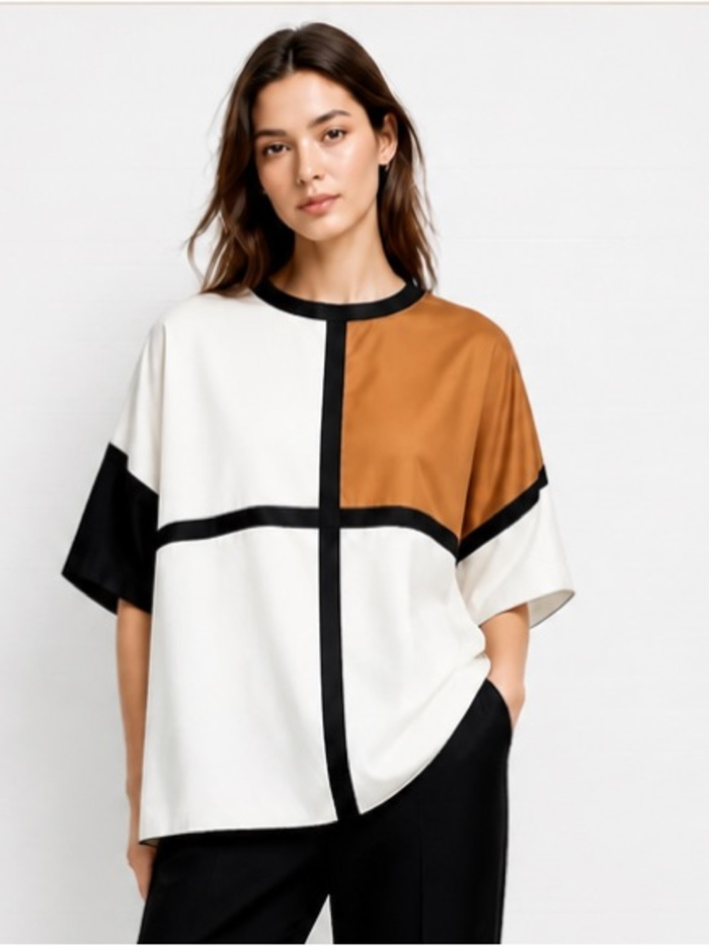 OZAI N KU Geometric Colorblock Boxy Top Black White Camel Art to Wear Greece S